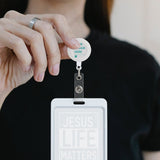 Custom badge reel holder with design, PP material, white holder with 'JESUS LIFE MATTERS' for men and women