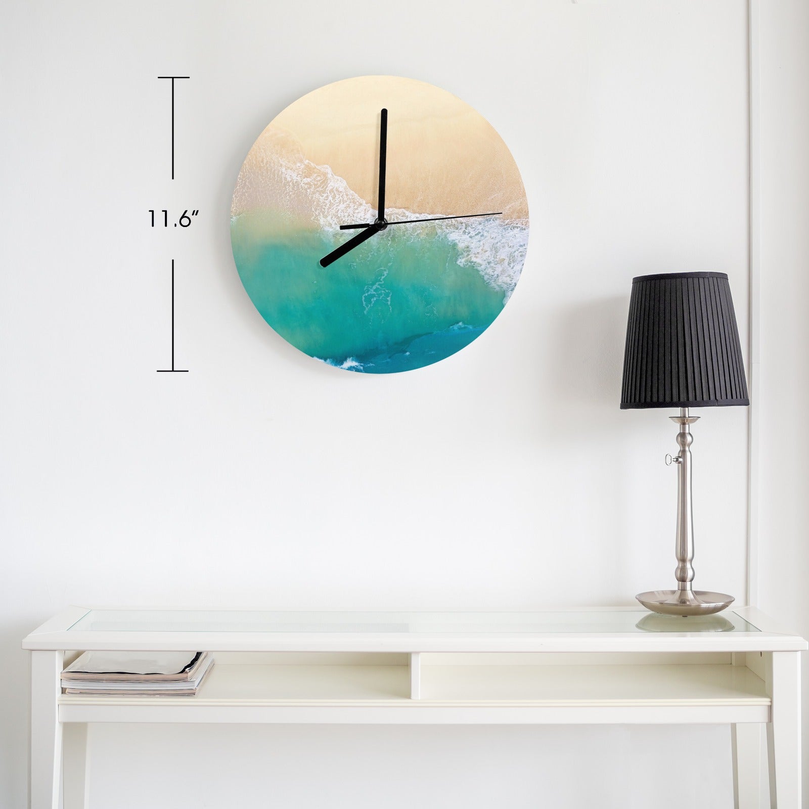Modern beach MDF wall clock, 11.6 inch, coastal decor for living room or office, featuring beach and ocean design.