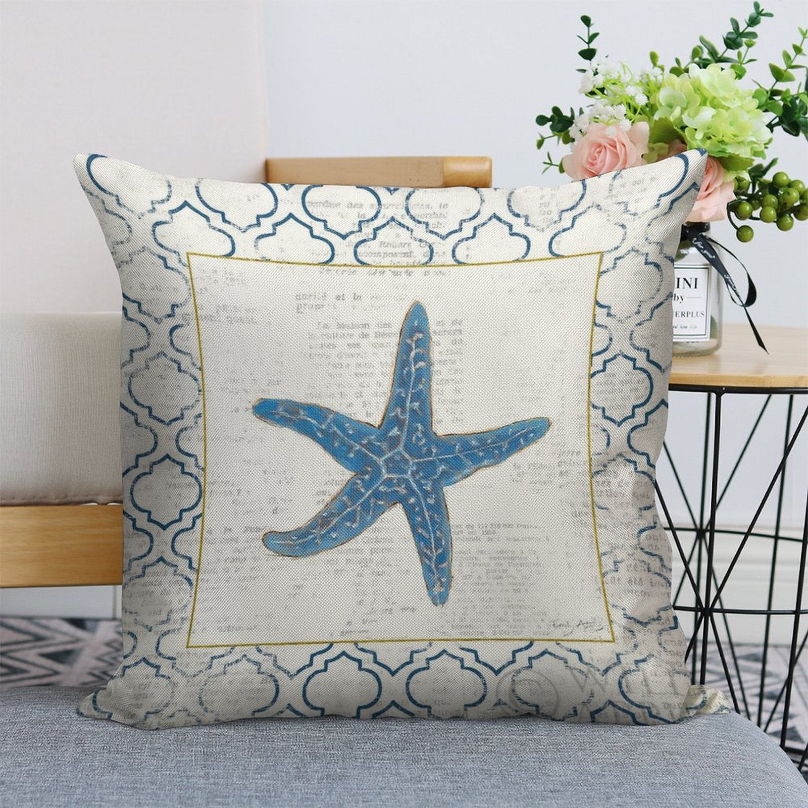 Linen throw pillow case with blue starfish design for living room decor