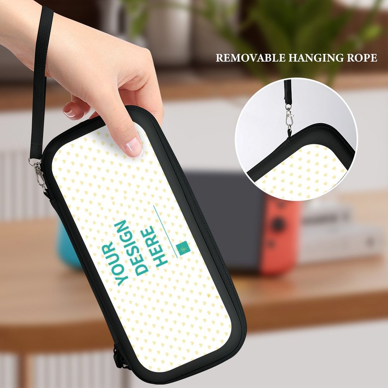 Customizable Nintendo Switch carrying case, black with 'YOUR DESIGN HERE' text and removable hanging rope.
