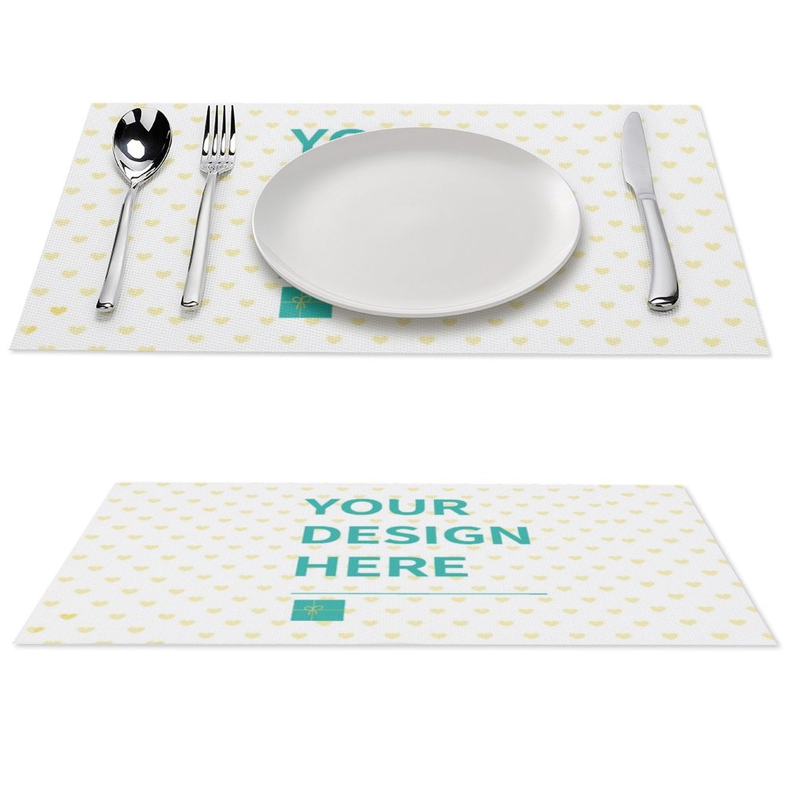 Personalized placemat for dining table. PVC material. Featuring plate, silverware and 'YOUR DESIGN HERE' for customization