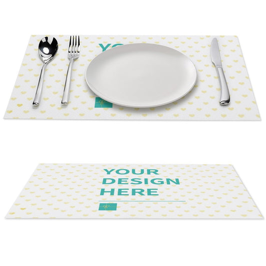 Personalized placemat for dining table. PVC material. Featuring plate, silverware and 'YOUR DESIGN HERE' for customization
