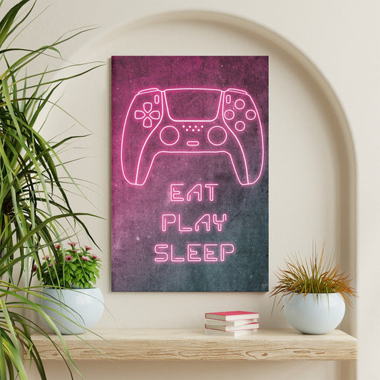 Modern Wall Art Canvas: Neon Game Controller Design with "Eat Play Sleep" text.