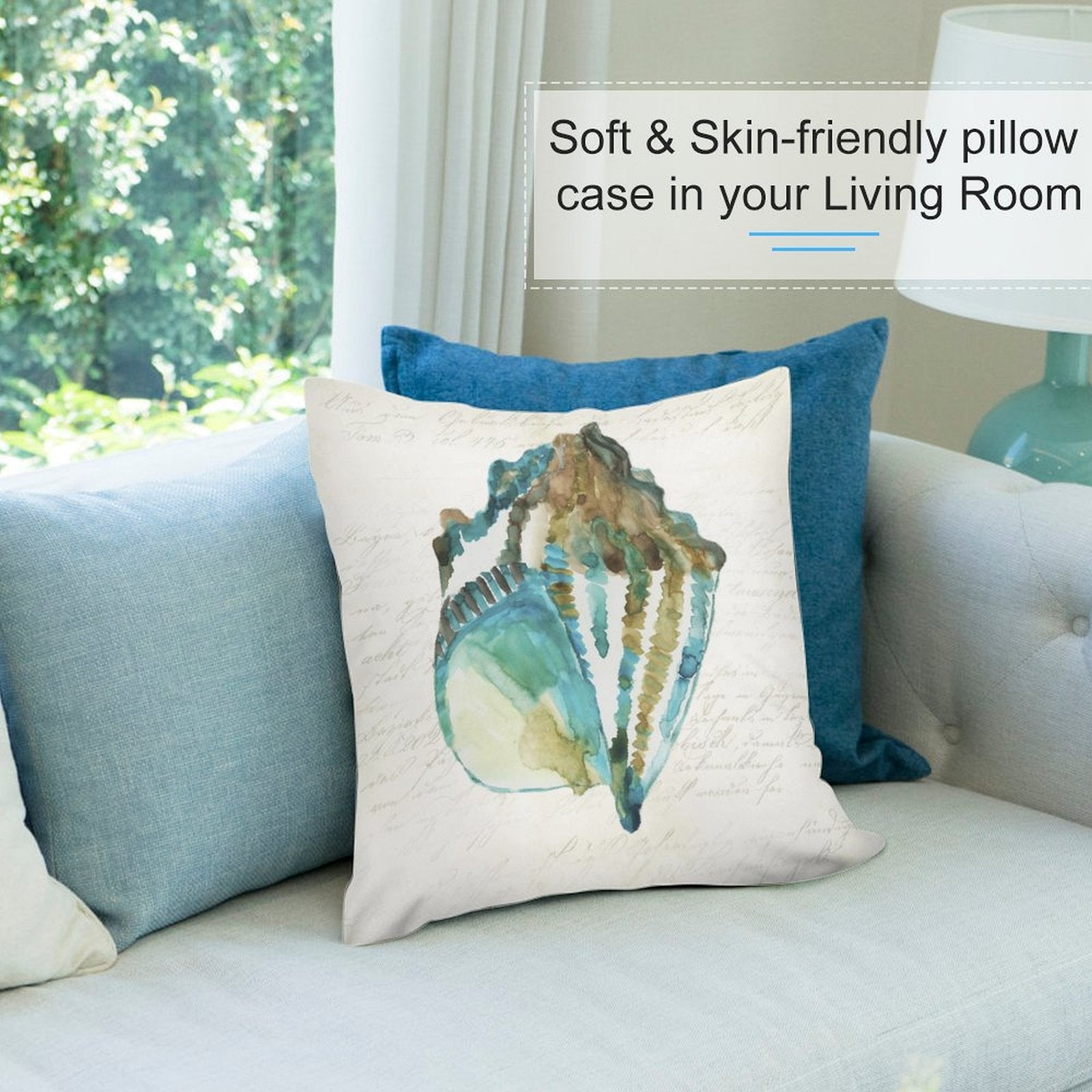 Watercolor seashell pillow cover on sofa, soft plush material, living room decor.
