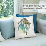 Watercolor seashell pillow cover on sofa, soft plush material, living room decor.