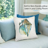 Soft plush pillow cover with watercolor seashell design on sofa, living room decor; MyArtsyGift