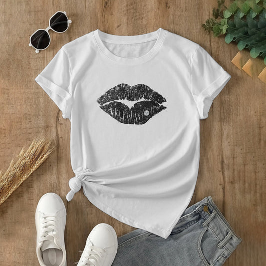 Dark Kiss Classic Women's T-shirt Made In USA - White cotton t-shirt with kiss graphic. Perfect for casual wear.