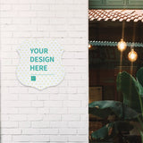 Custom shield-shaped metal sign with 'YOUR DESIGN HERE' for cafe or shop decor