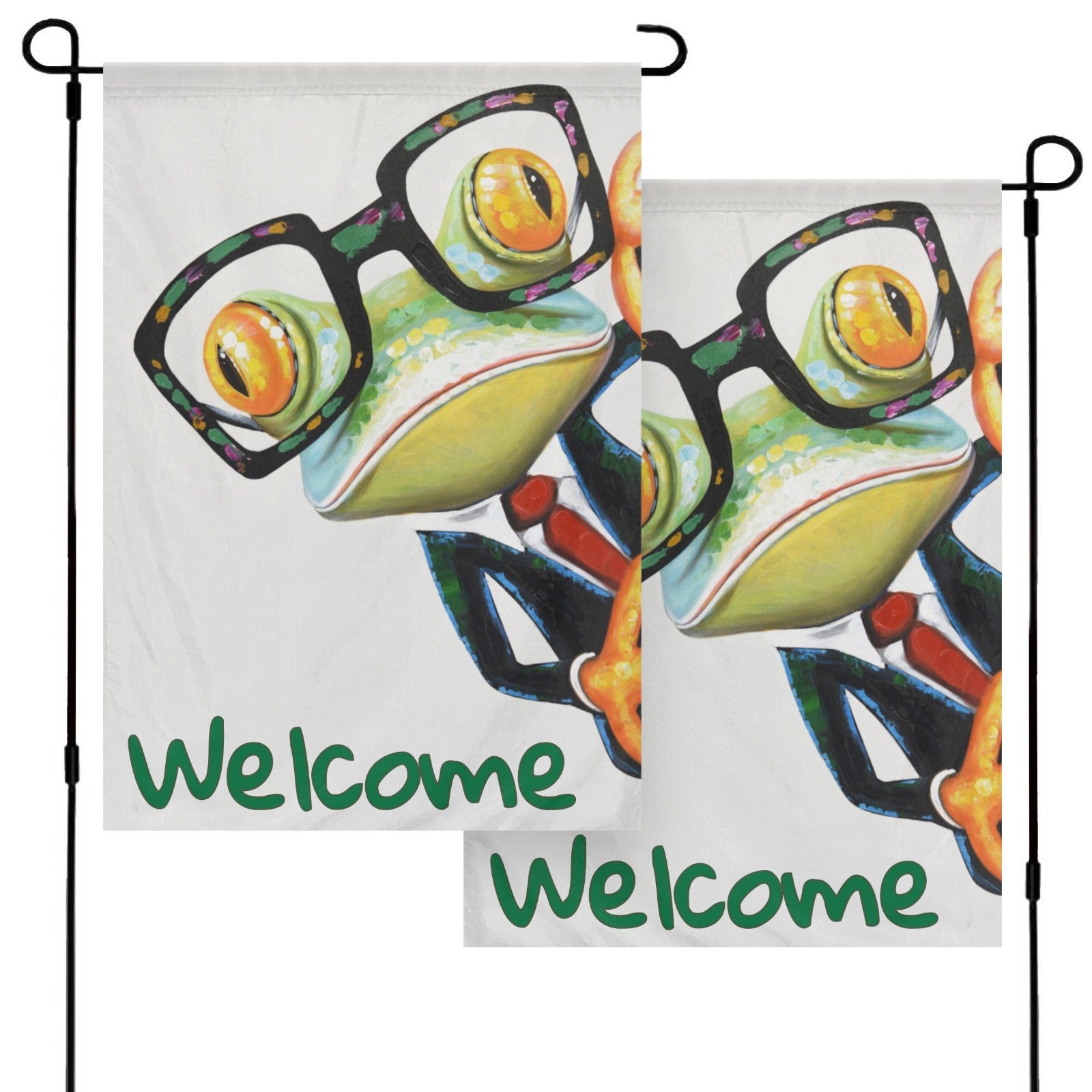 Welcome Frog Garden Flag with frog wearing glasses, Made in USA, garden decor