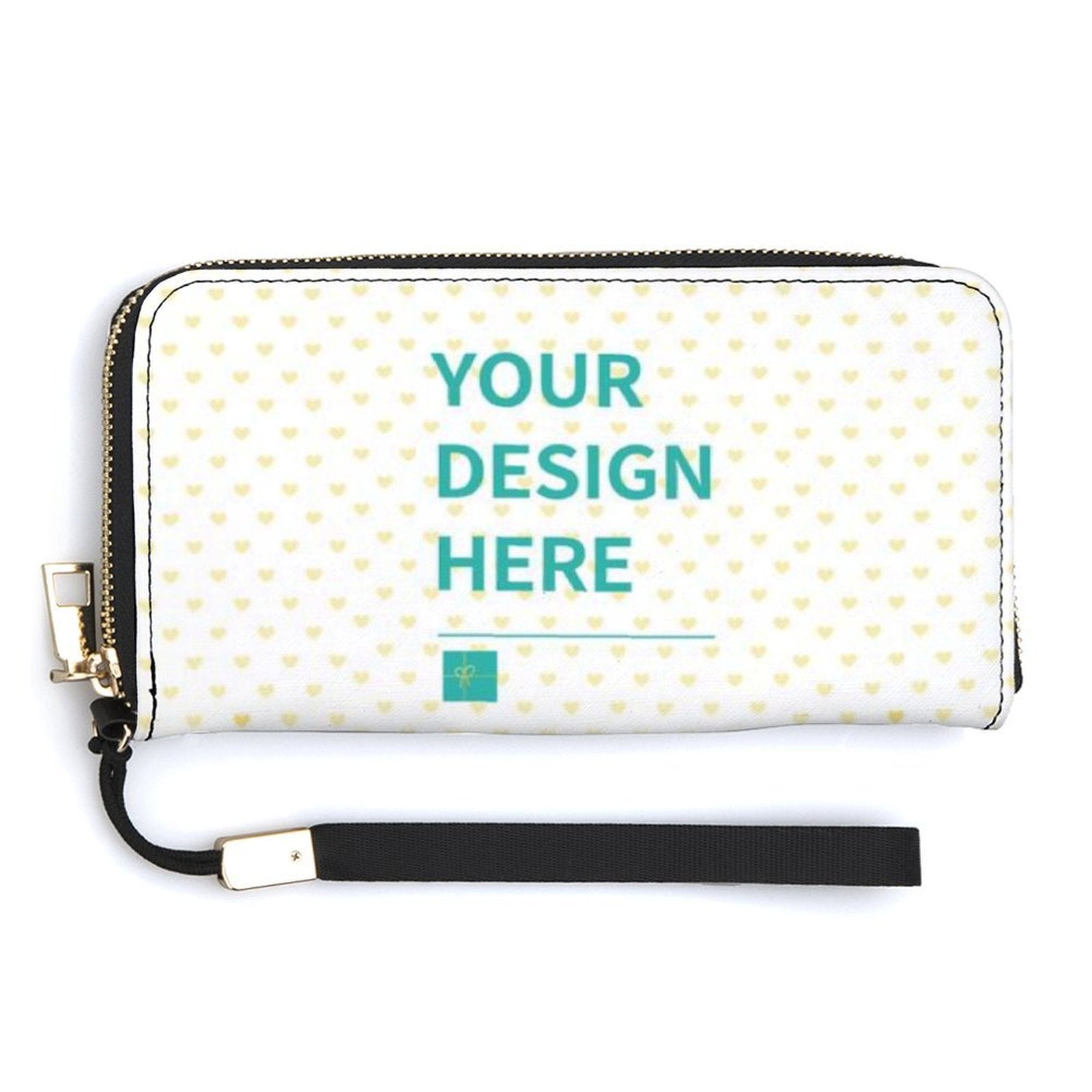 Custom long wallet with Your Design Here message, PU leather purse with zipper and wrist strap