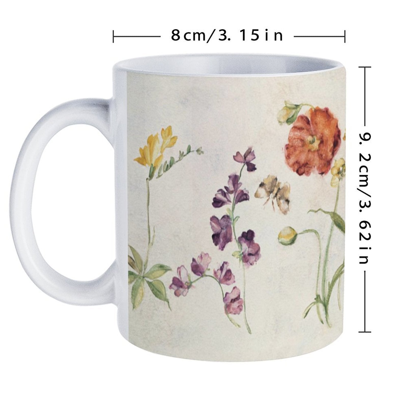 White ceramic mug with watercolor wildflower design, personalized gift for home or office, 8cm/9.2cm