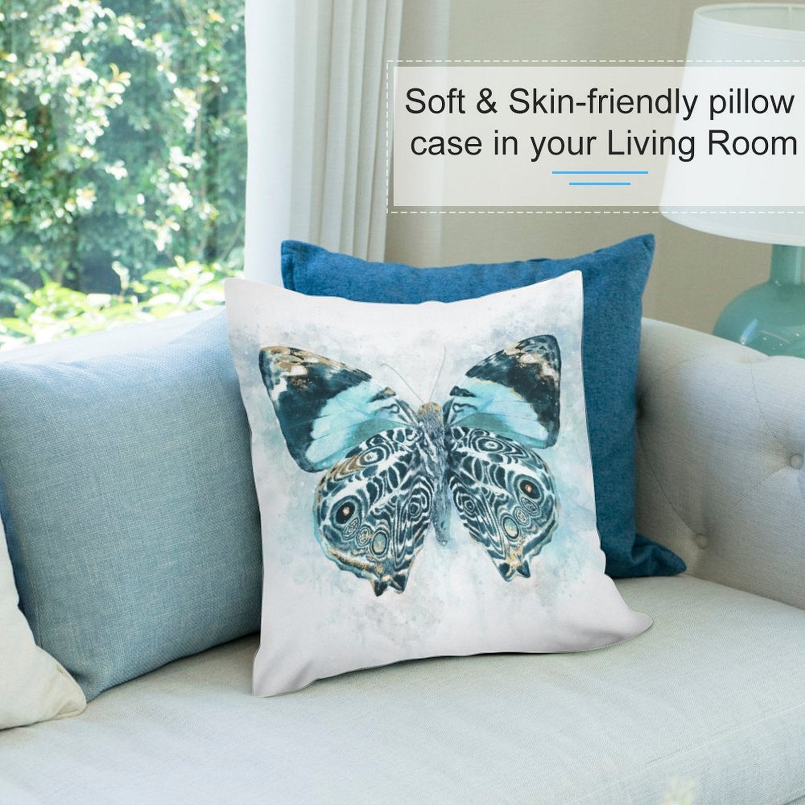 Blue butterfly short plush pillow cover, soft and skin-friendly for living room decor, home sofa cushion.