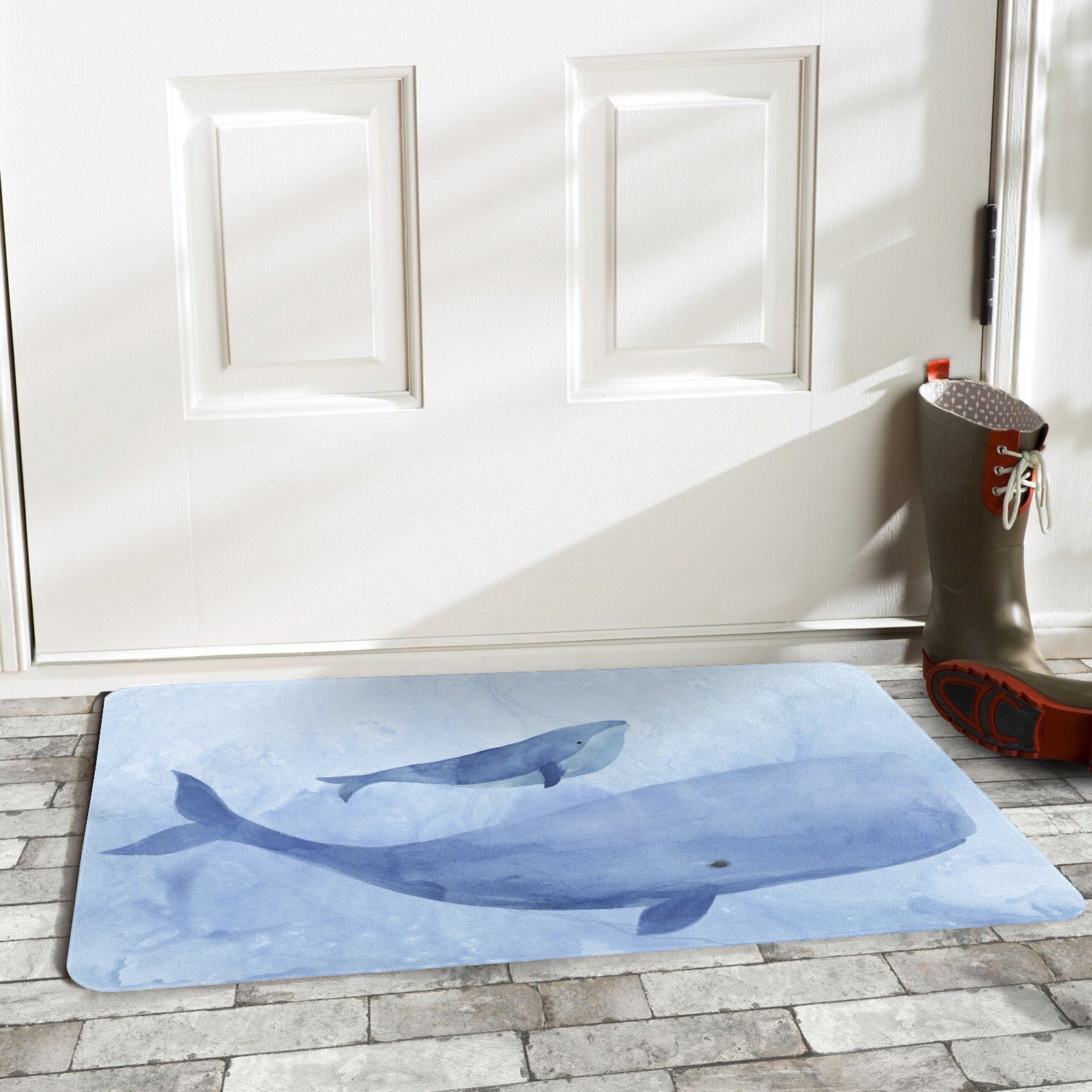 Blue whale entrance doormat, rubber floor mat, watercolor whale design for home entrance.
