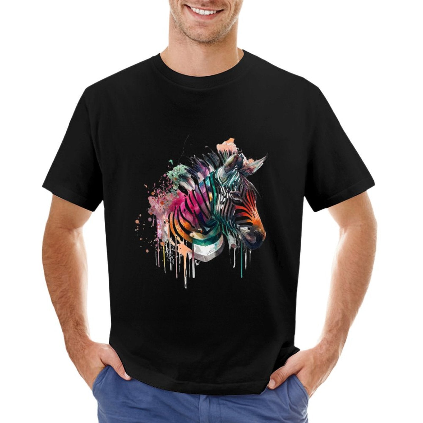 Men's black t-shirt with watercolor zebra design, perfect for casual wear.