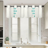 Custom valance curtain with 'Your Design Here' text for kitchen window decoration
