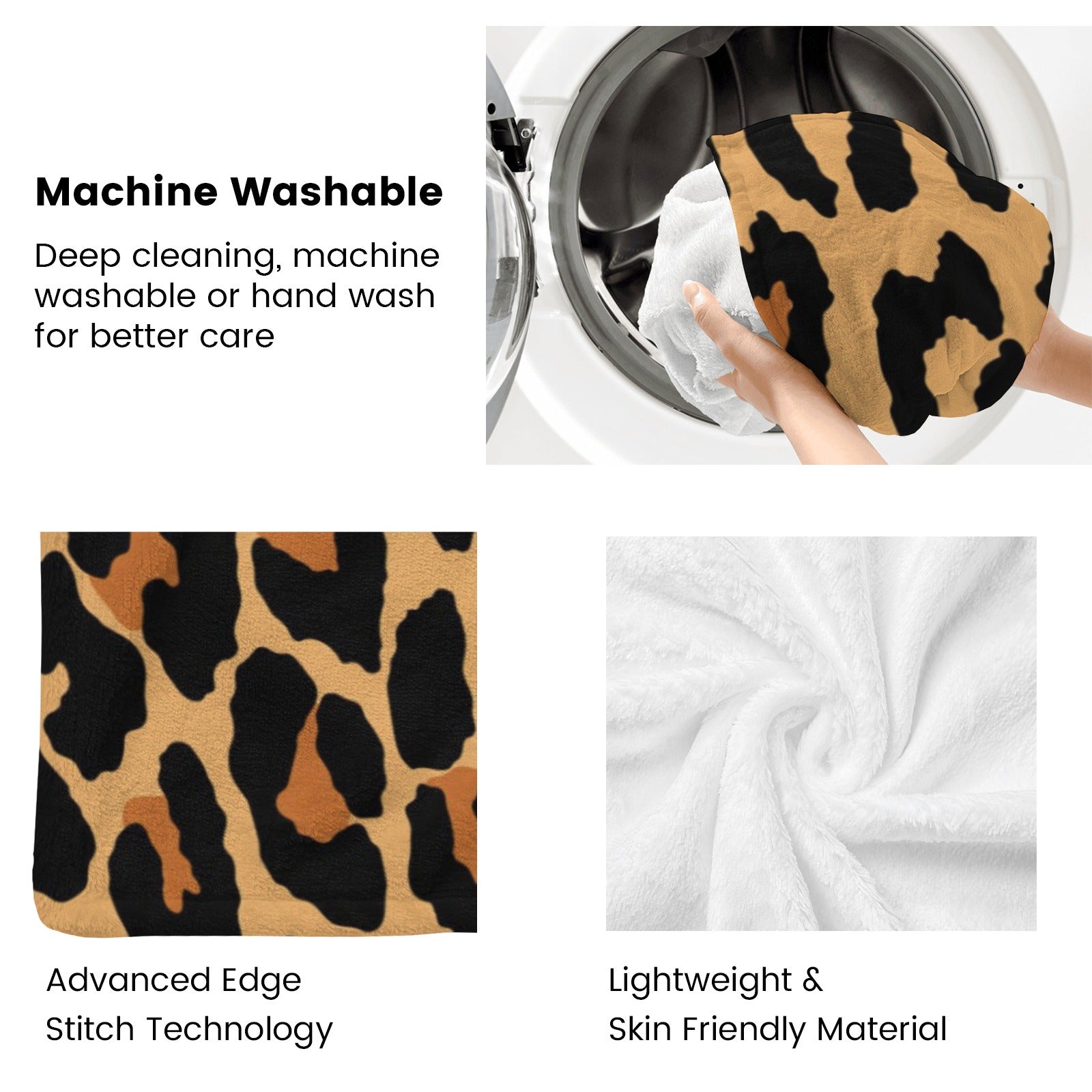 Leopard print blanket showcasing machine washability, advanced stitching, and skin-friendly material for home decor