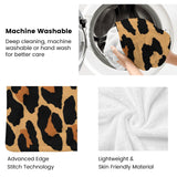 Leopard print blanket showcasing machine washability, advanced stitching, and skin-friendly material for home decor