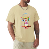 Men's beige cotton t-shirt with colorful frog art and headphones design, MyArtsyGift classic tee.