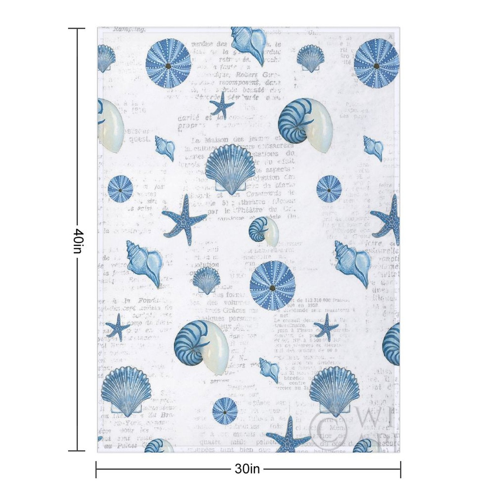 Blue seashell and starfish pattern fleece blanket with French text details, 30x40 inches, for cozy bed or sofa.