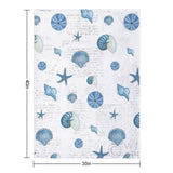 Blue seashell and starfish pattern fleece blanket with French text details, 30x40 inches, for cozy bed or sofa.