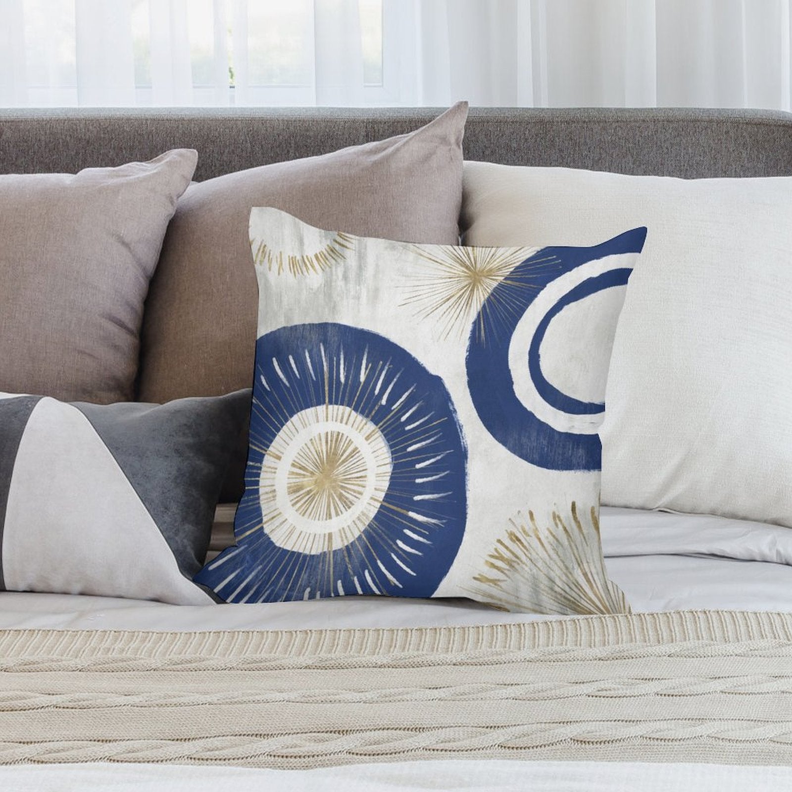 Navy and gold abstract pattern plush pillow cover on bed; decorative pillow for sofa, couch, or living room; MyArtsyGift