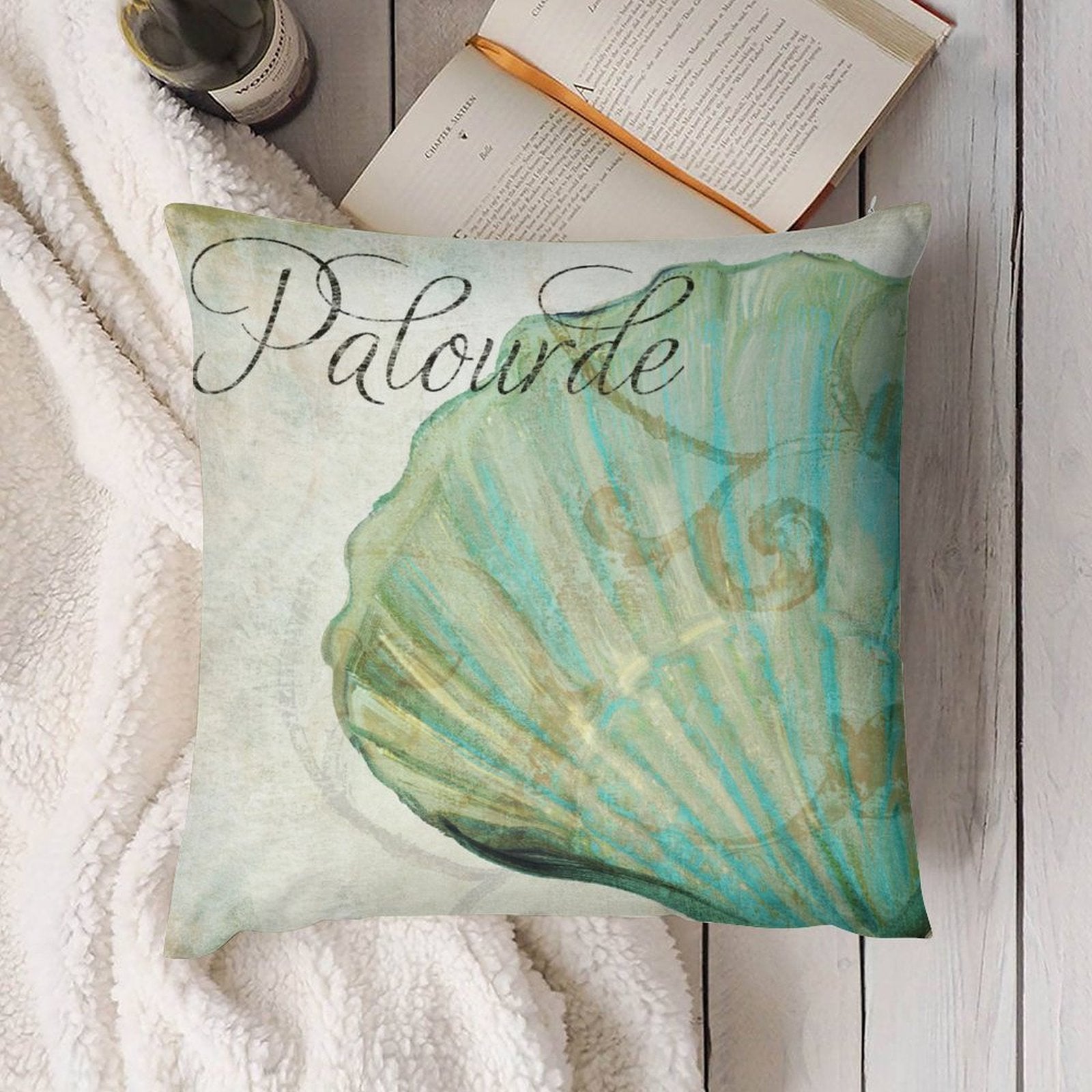 Plush pillow cover with Palourde seashell art print. Decorative throw pillow cover for sofa, couch, and living room.