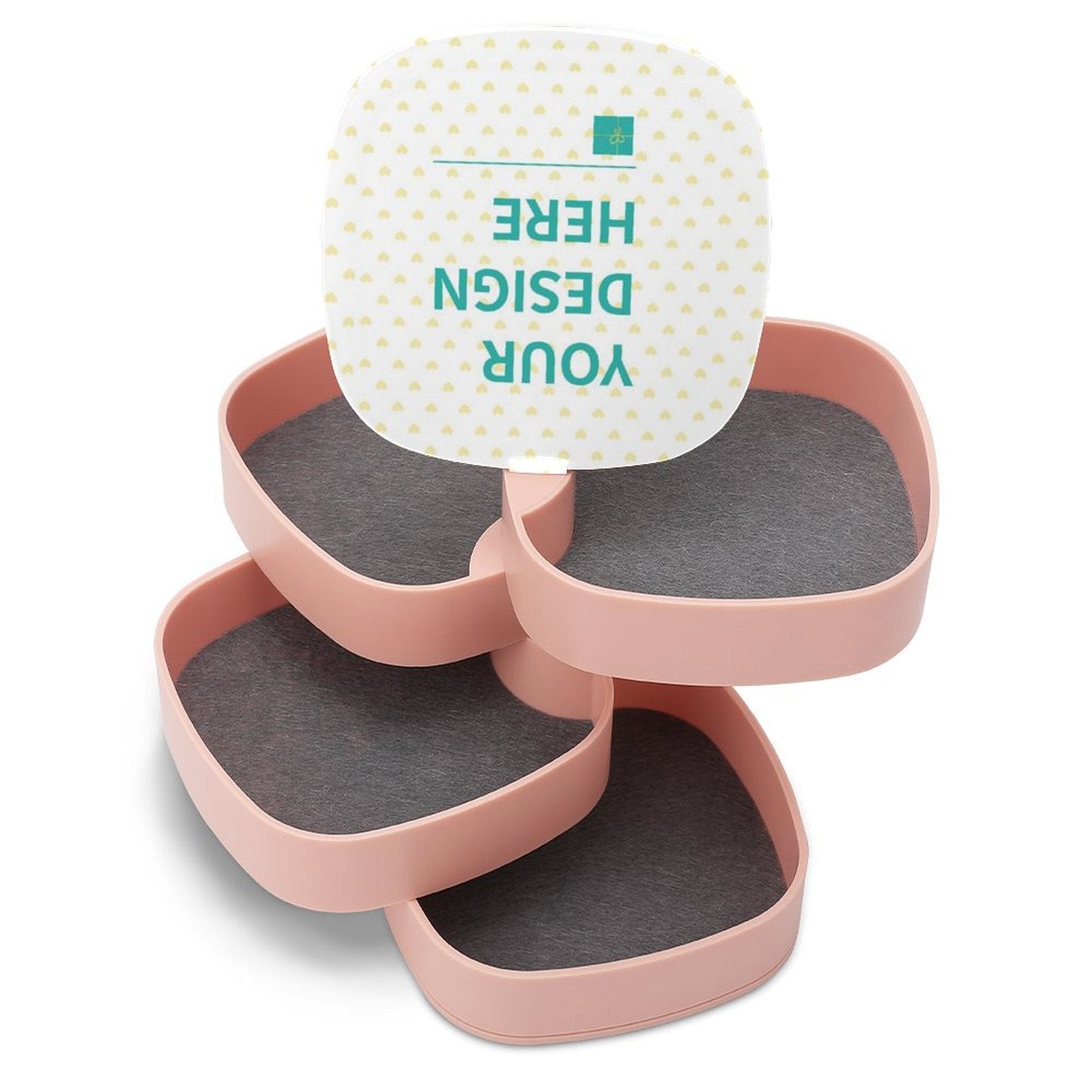 Personalized pink rotatable jewelry box with 'YOUR DESIGN HERE' text, ABS material
