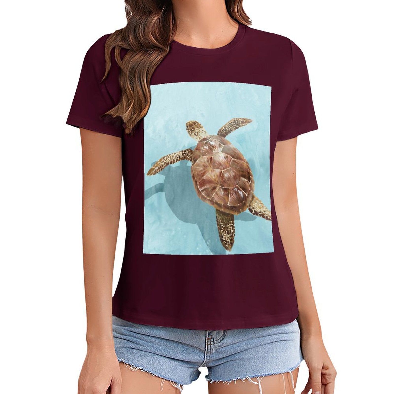 Women's burgundy t-shirt with sea turtle graphic print, casual summer wear, MyArtsyGift.
