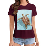 Women's burgundy t-shirt with sea turtle graphic print, casual summer wear, MyArtsyGift.