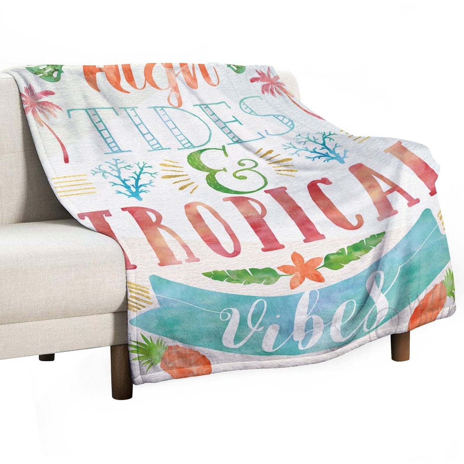 Cozy fleece blanket with High Tides & Tropical Vibes design, perfect for bed, sofa, or travel, made in USA
