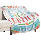 Cozy fleece blanket with High Tides & Tropical Vibes design, perfect for bed, sofa, or travel, made in USA