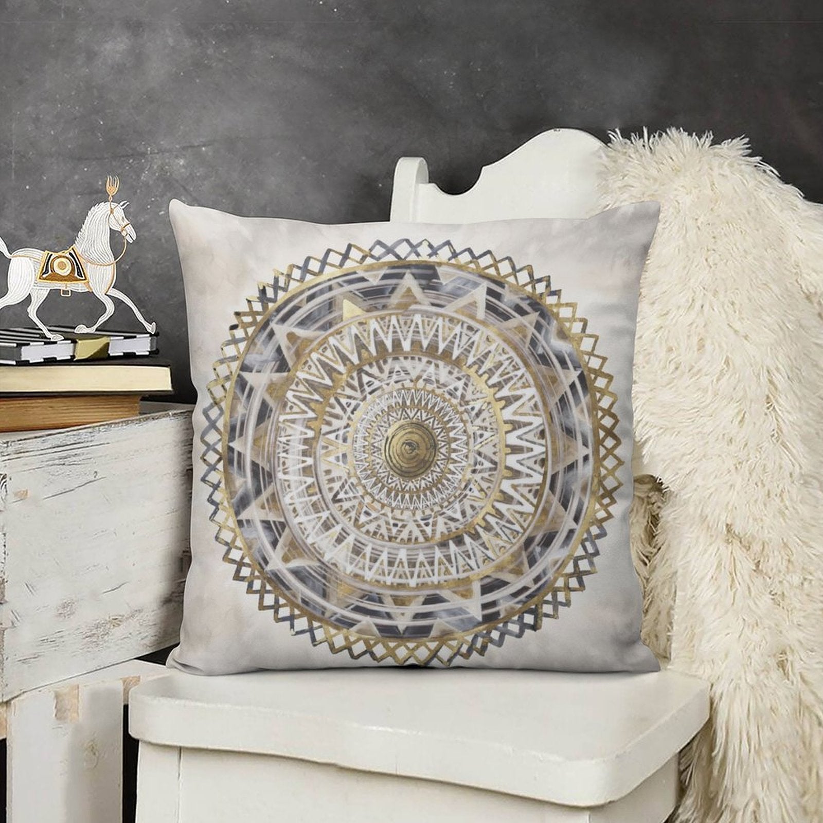 Luxury mandala design throw pillow cover, short plush material, gold and white accents, perfect for sofa and living room