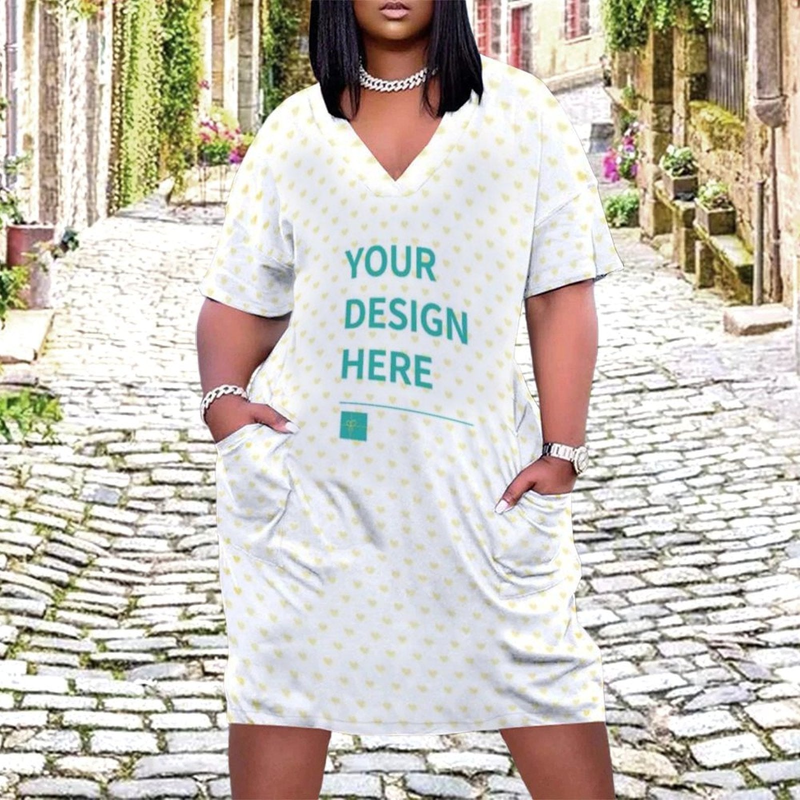 Customizable white summer dress with pockets, heart pattern, and 'Your Design Here' text