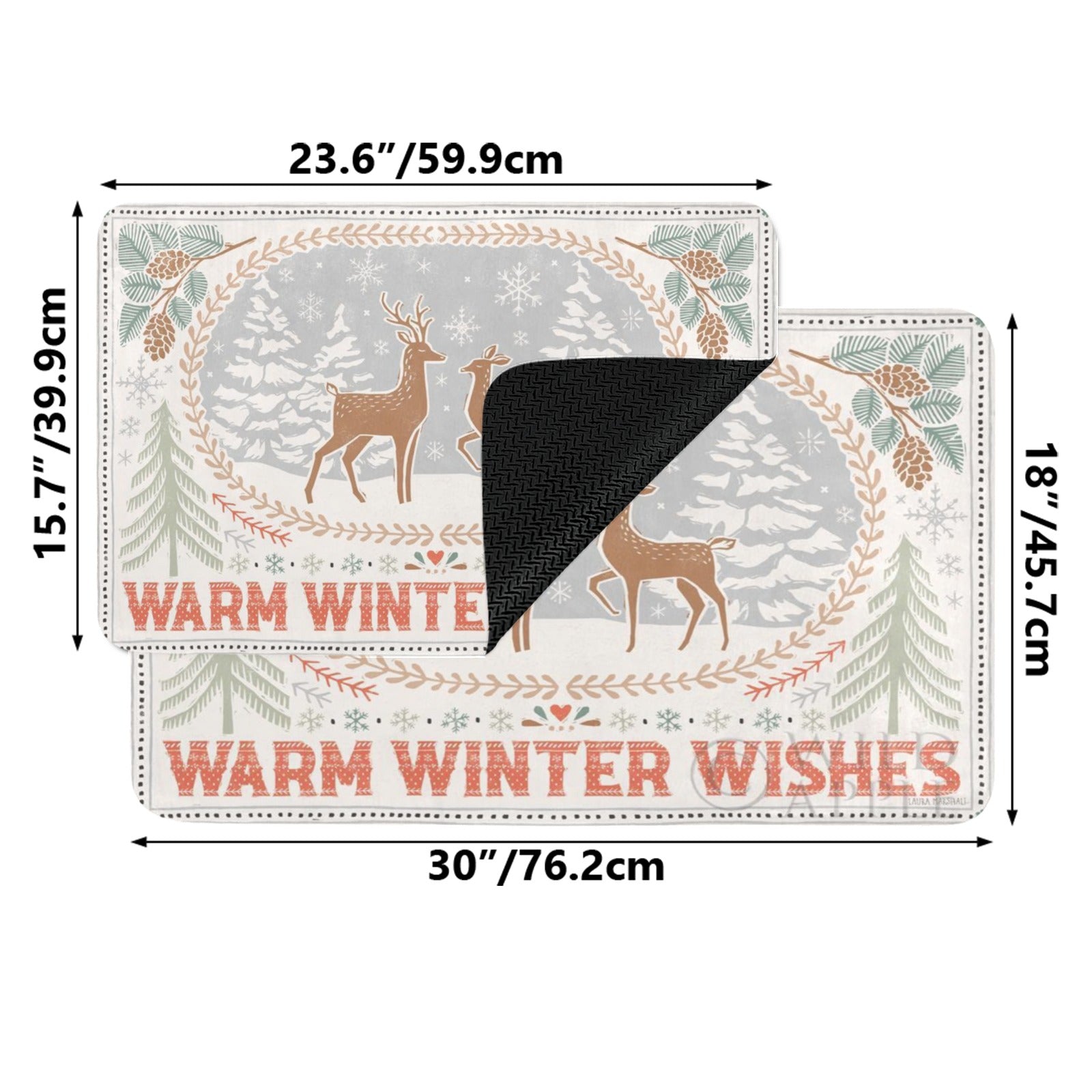 Winter doormat with "Warm Winter Wishes" greeting, deer, and snowflake design, rubber floor mat for entryway or outdoor use.
