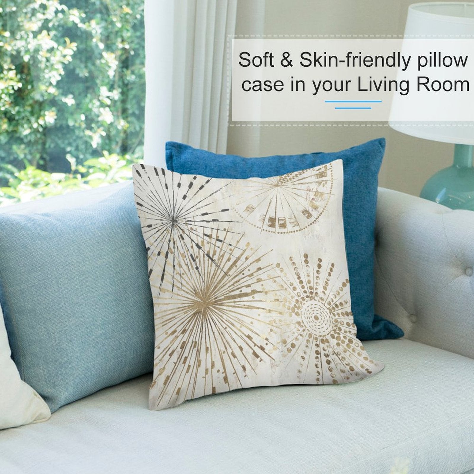 Soft plush pillow cover with gold burst design, living room decor. Cozy, skin-friendly decorative pillow.