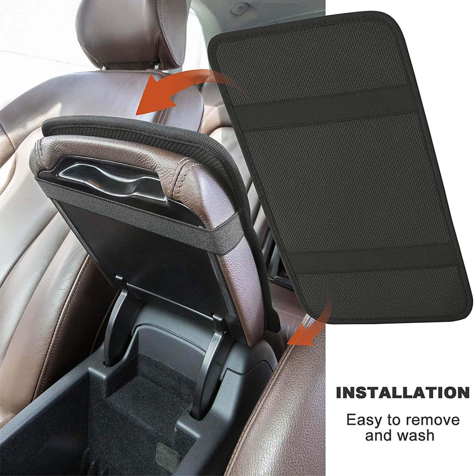Black car armrest cushion installation demonstration, easy to remove and wash. Neoprene material, for center console.