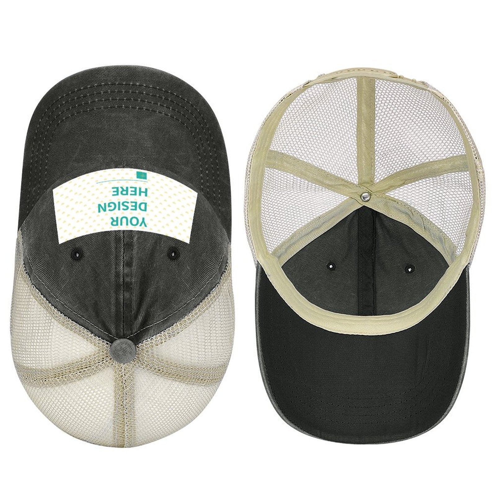 Custom denim baseball cap with mesh back. "YOUR DESIGN HERE" for personalized designs, design your own hat.