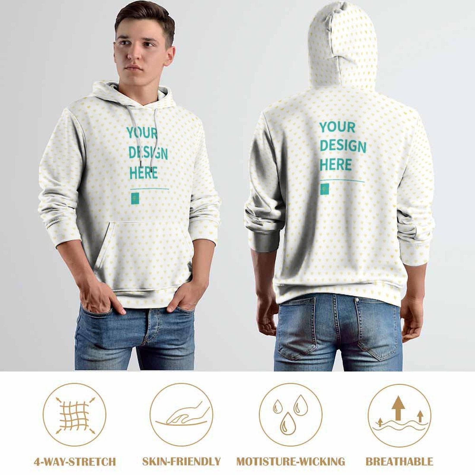 Custom men's white hoodie with "YOUR DESIGN HERE" text, MyArtsyGift. 4-way stretch, skin-friendly.