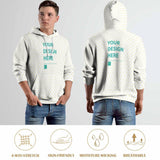Custom men's white hoodie with "YOUR DESIGN HERE" text, MyArtsyGift. 4-way stretch, skin-friendly.