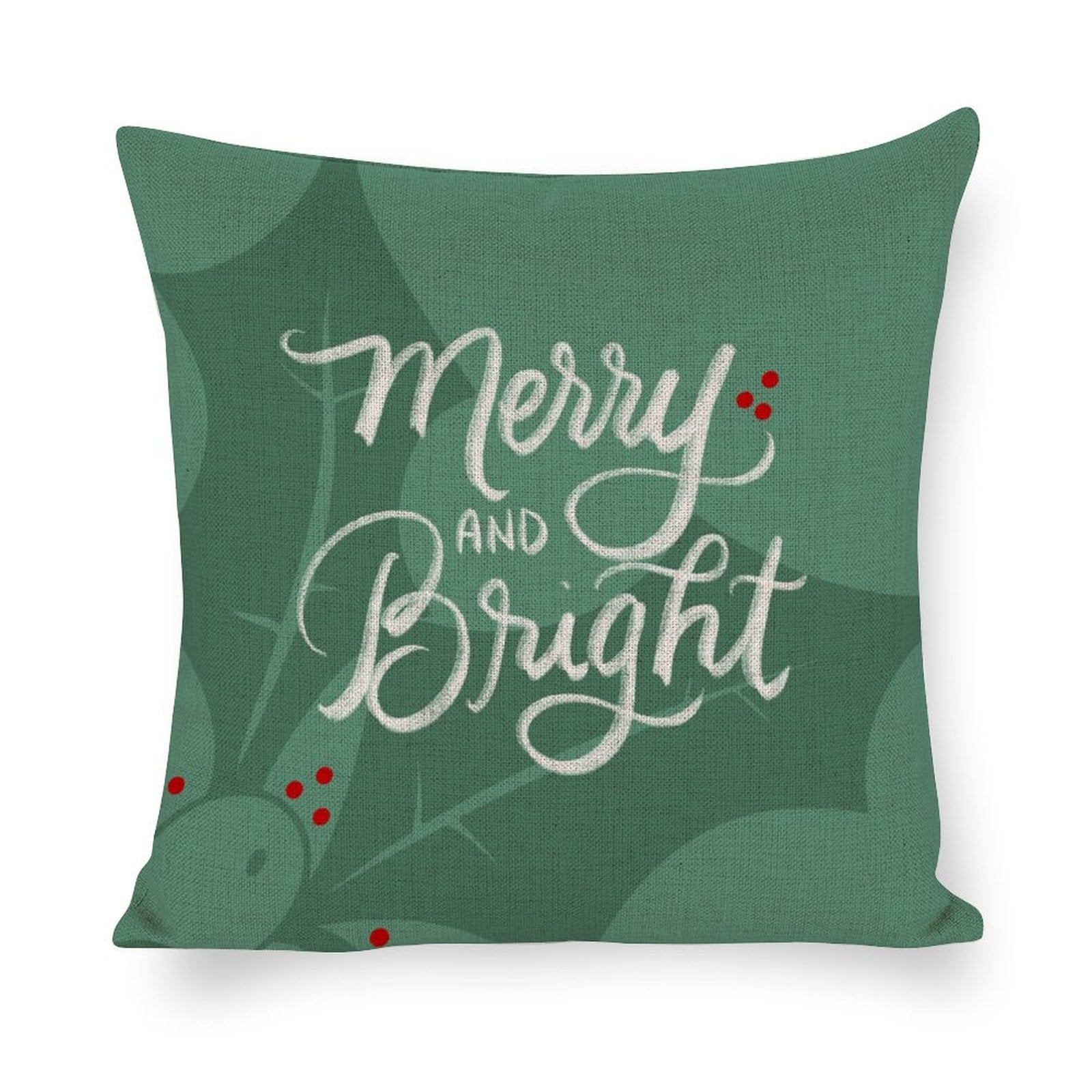 Merry and Bright Christmas pillow cover made of cotton linen, green holiday decor for living room.