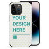 Custom iPhone 14 case with 'YOUR DESIGN HERE' design, fiber leather, heart pattern, personalized gift.