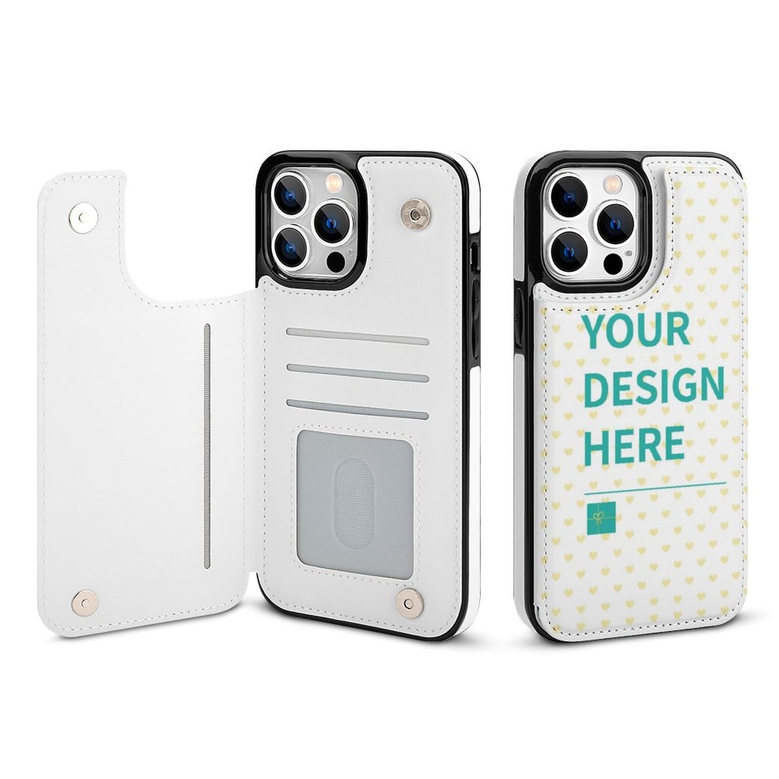 Personalized iPhone 13 wallet case, white PU leather, custom design, card slot, Your Design Here