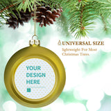 Customizable gold Christmas ornament with "YOUR DESIGN HERE" text for personalized holiday decor, perfect for Christmas tree.