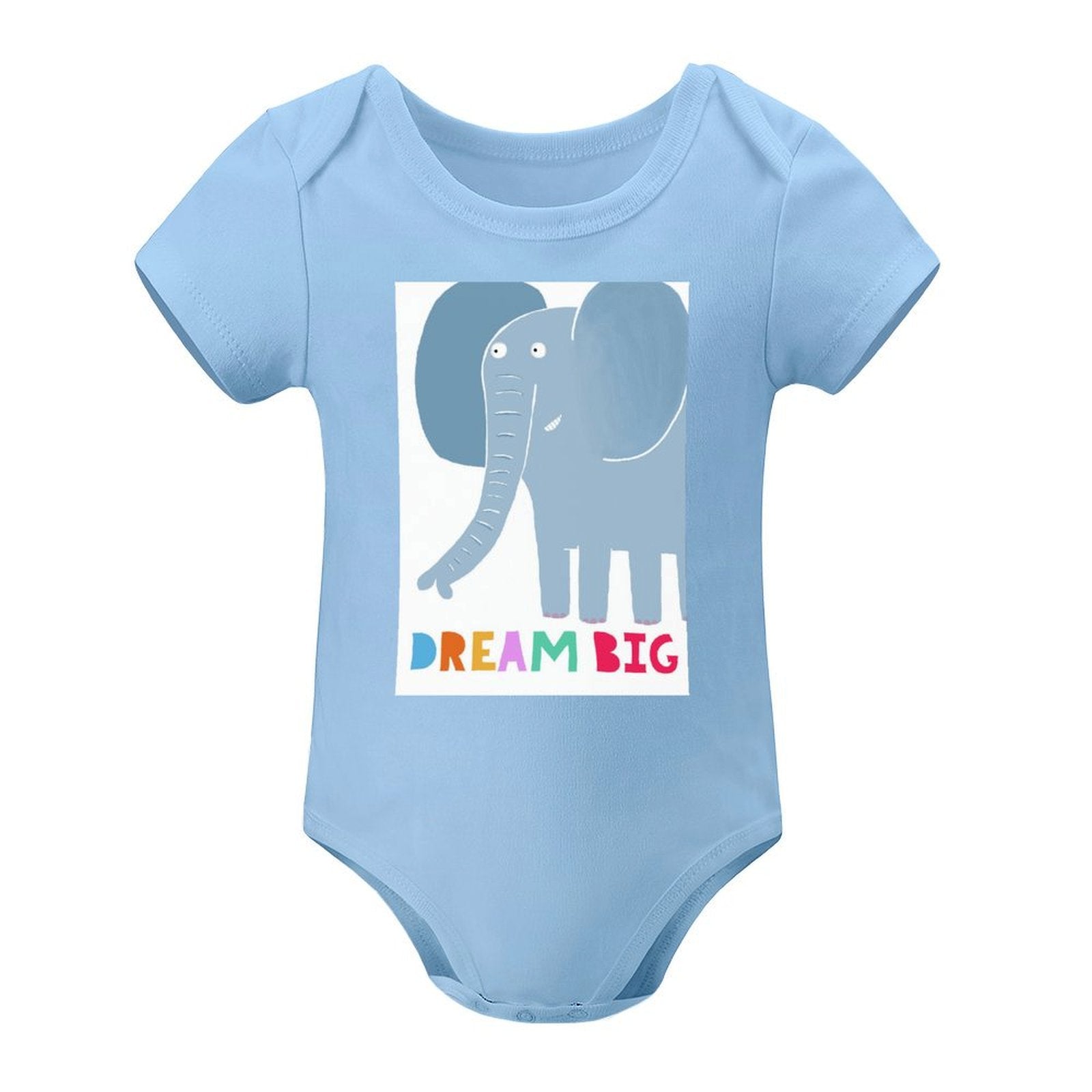 MyArtsyGift baby bodysuit, light blue with Dream Big elephant design; soft cotton clothing for newborns