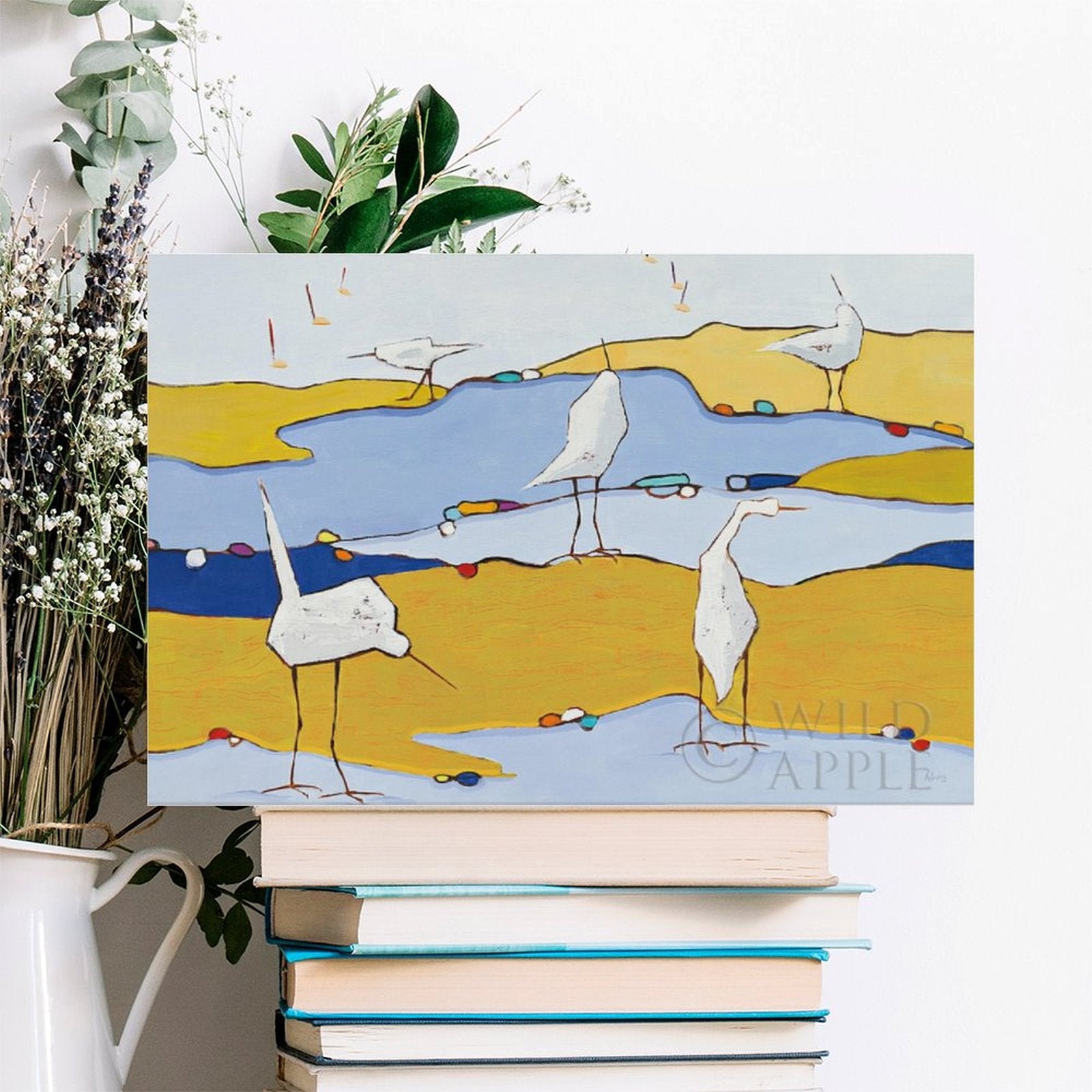Abstract canvas print of white birds on yellow and blue landscape, Wild Apple wall art for your home.