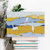 Abstract canvas print of white birds on yellow and blue landscape, Wild Apple wall art for your home.