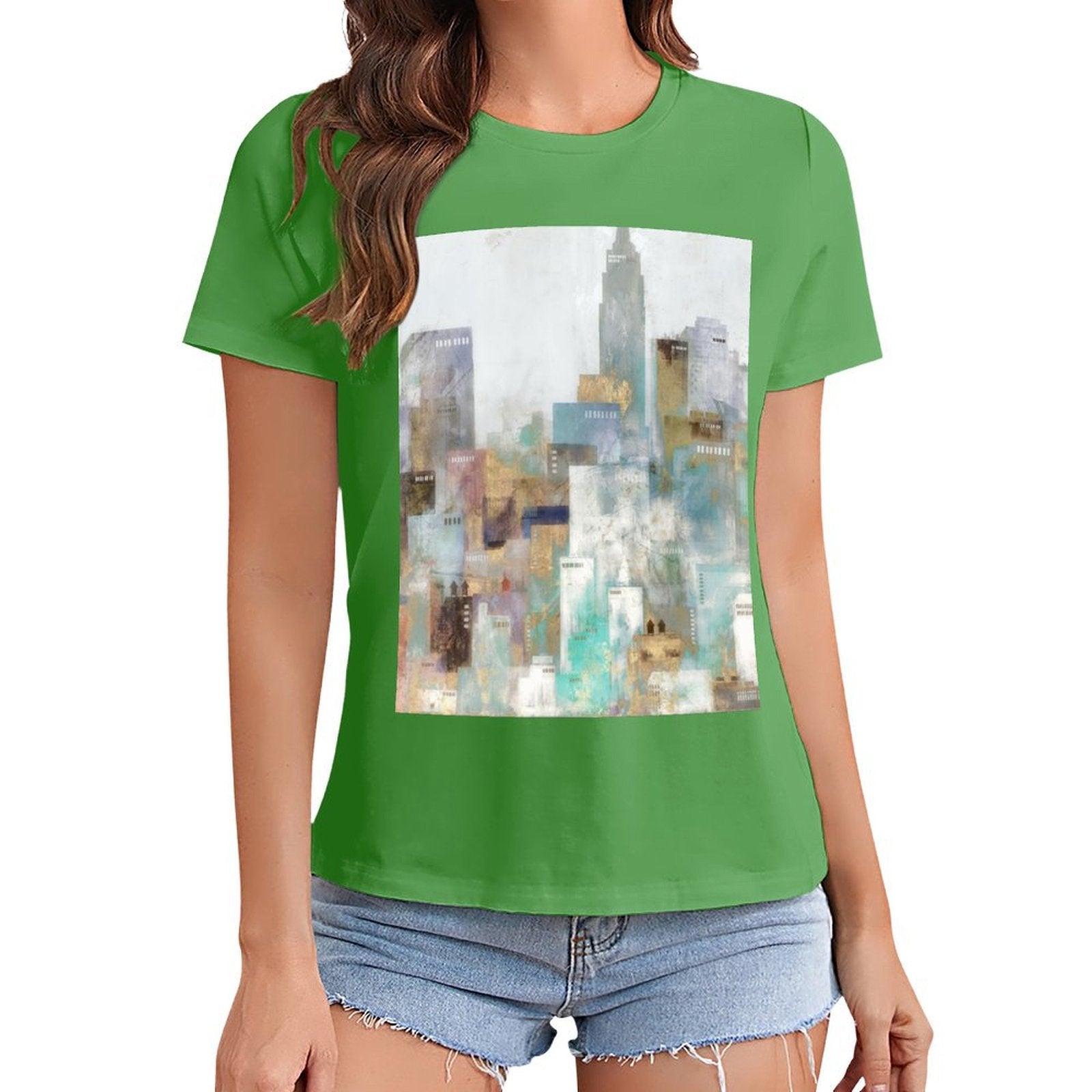 Women's green short sleeve t-shirt with abstract cityscape print, MyArtsyGift