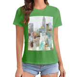 Women's green short sleeve t-shirt with abstract cityscape print, MyArtsyGift