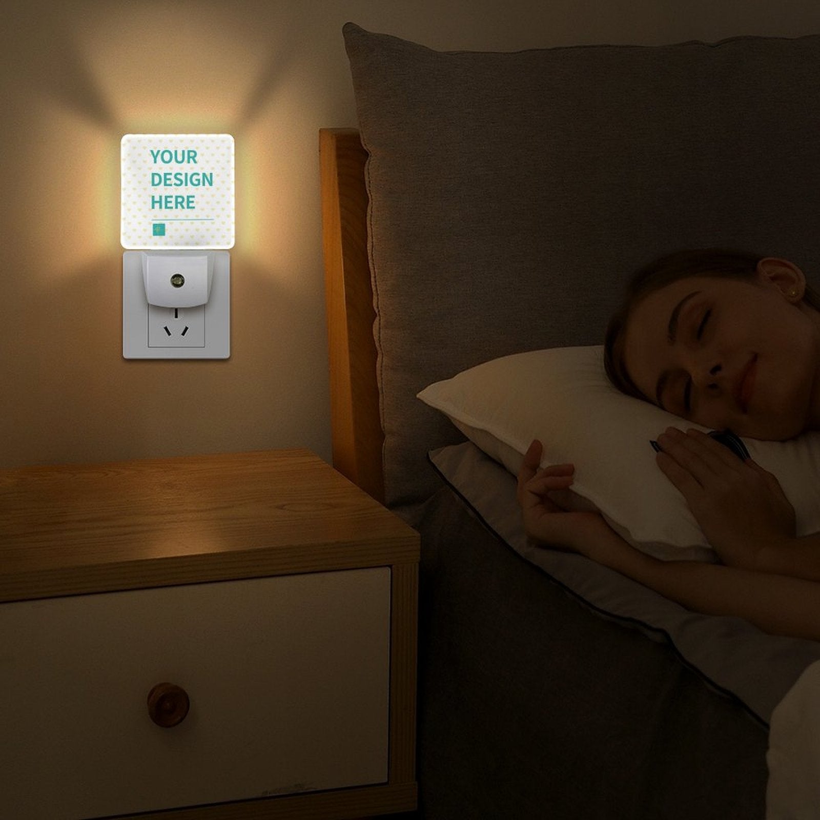 Customizable LED night light with 'YOUR DESIGN HERE' text, perfect for bedroom, MyArtsyGift