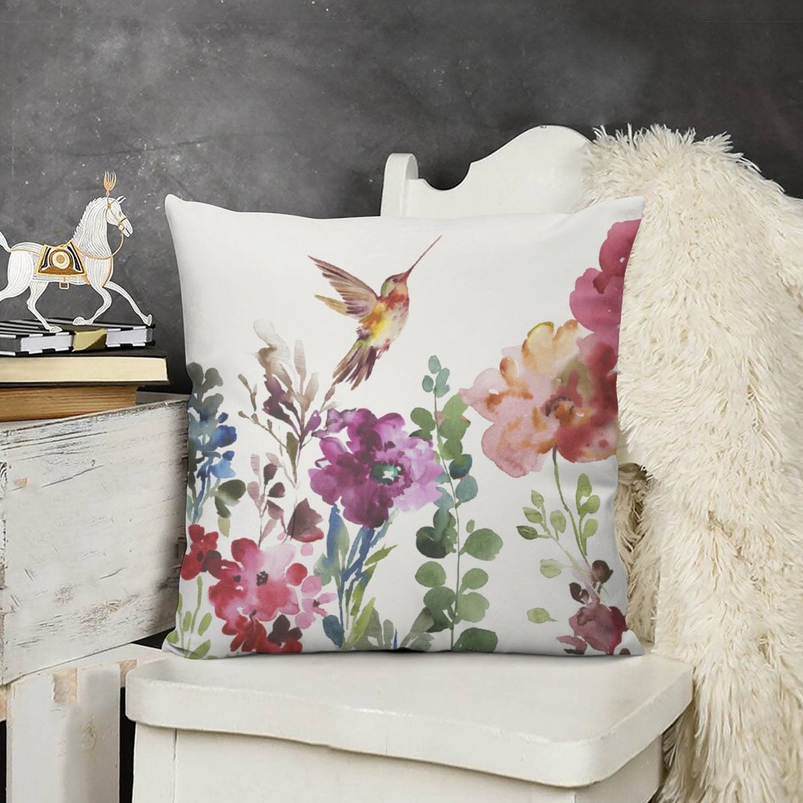 Plush pillow cover with watercolor hummingbird and floral design, soft, decorative for sofa or couch